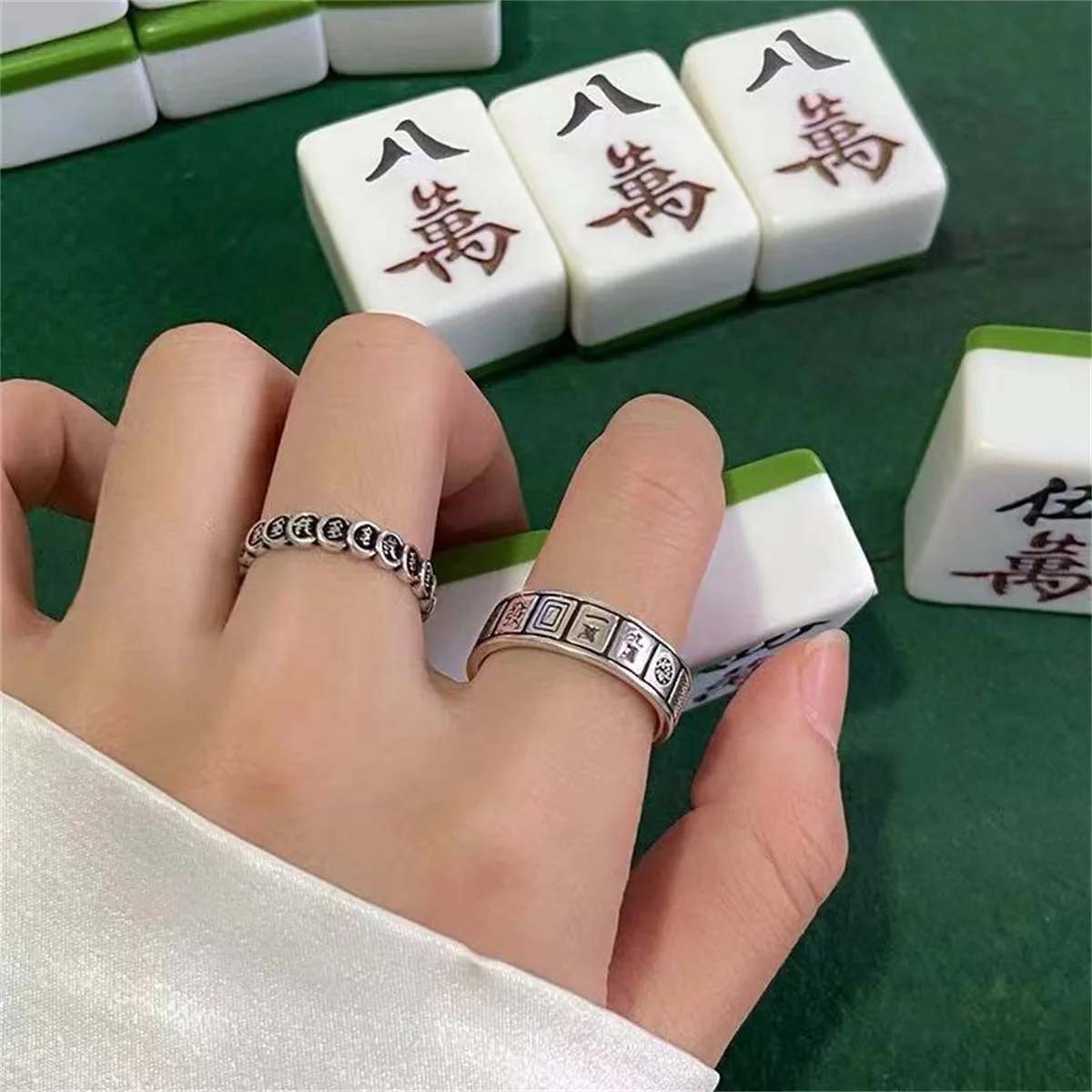 Creative Mahjong Money Abundant Adjustable Open Free Size Chinese Character Print Finger Ring for Men Women Retro Silver Color