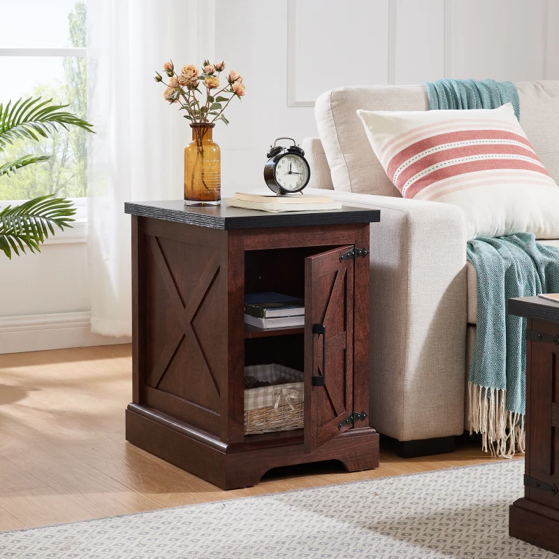 End Table Nightstand Rectangular Farmhouse End With Barn Door And Adjustable Storage Shelf Rustic Sofa Side Table For Living