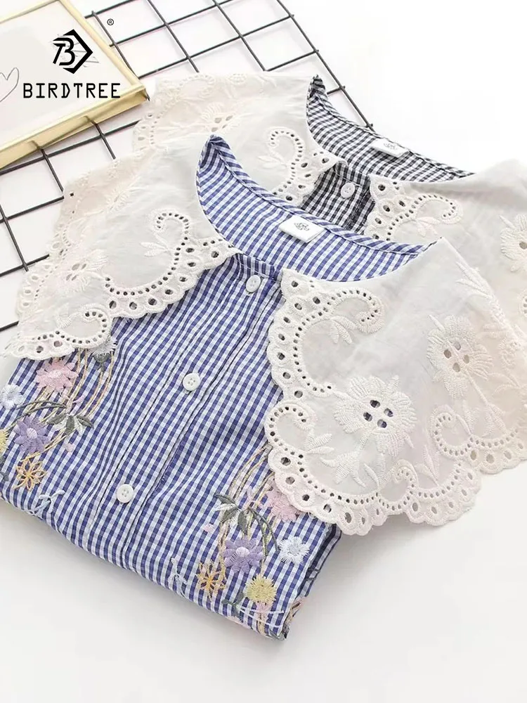 Novo 2025 inverno algodão camisa de manga longa, feminino peter pan colarinho xadrez, mori menina francês casual solto bordado blusa t5d522cc