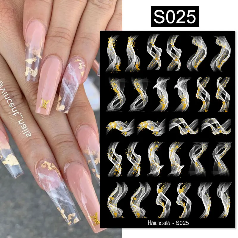 Harunouta Blooming Ink Marble 3D Nail Sticker Decals Leaves Heart Transfer Nail Sliders Abstract Geometric Line Nail Water Decal
