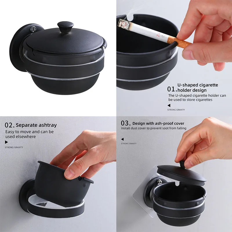 Wall Mounted Stainless Steel Ashtray Safety Food And Beverage Home Windproof Ashtray Free Punching Creative Ashtray With Lid