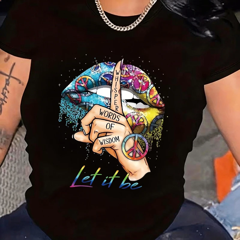 Damen Y2k T-Shirts Tops Lässiges Grafik-T-Shirt mit Rundhalsausschnitt Kurzarm-T-Shirt mit Gesten-Print für Damenkleidung
