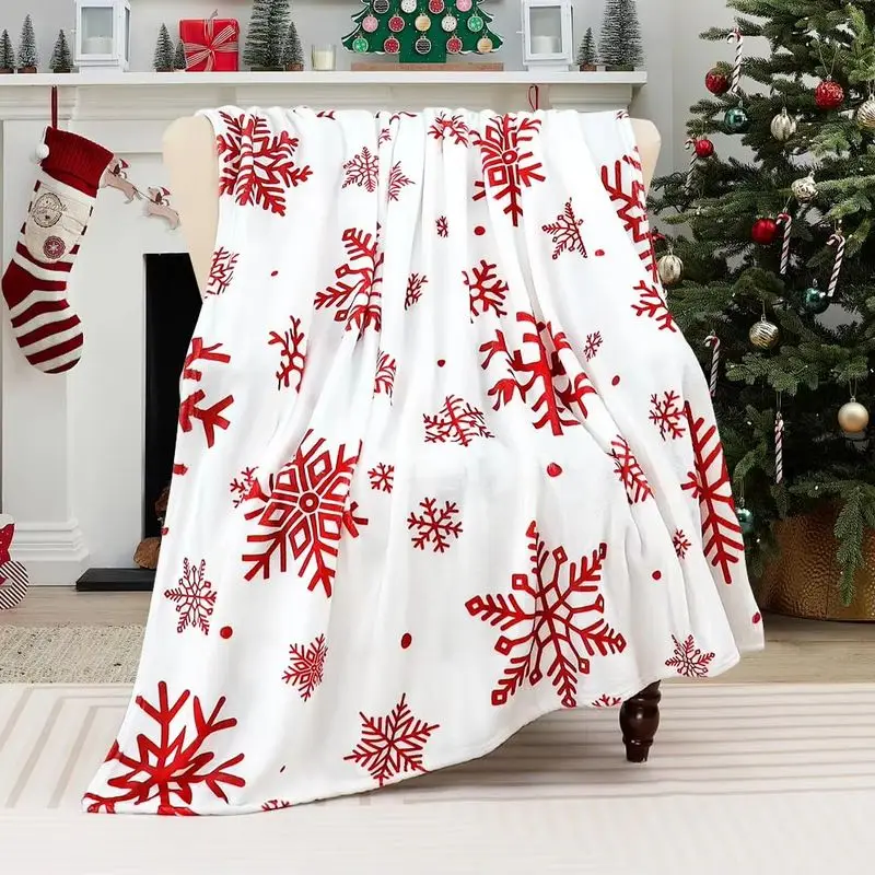VIKAMA Snowflake Throw Blanket with Red Flakes on White Cozy Christmas Blanket for Couch Sofa Bed and Winter Bedroom Decor