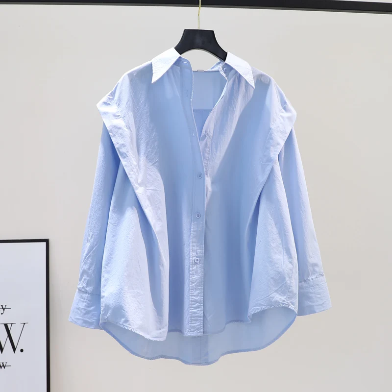 

Blue Pure Cotton Casual irt Women's Spring Autumn Loose Sli Top Brand Button Korean Sle Long Sve Collar