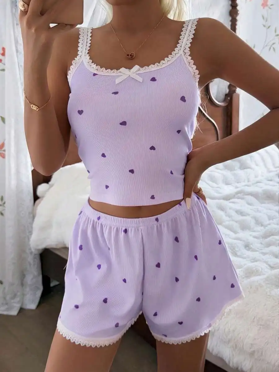 Womens Lavender Heart Print Ribbed Lace Trim Camisole Shorts Pajama Set