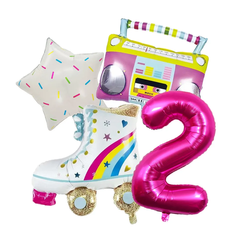 4pcs Radio Roller Skates Foil Number Balloon Boombox Rollerblade Retro Music Rock Ballons Birthday Party Decoration Kid Toy