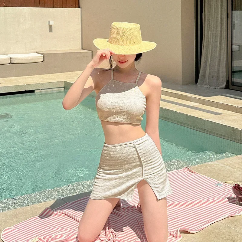 Sexy 3 Pieces Set Swimwear Women High Waist Pink Bikini Set Female High Neck Swimsuit Korean Beach Wear Bathing Suit 2025 New