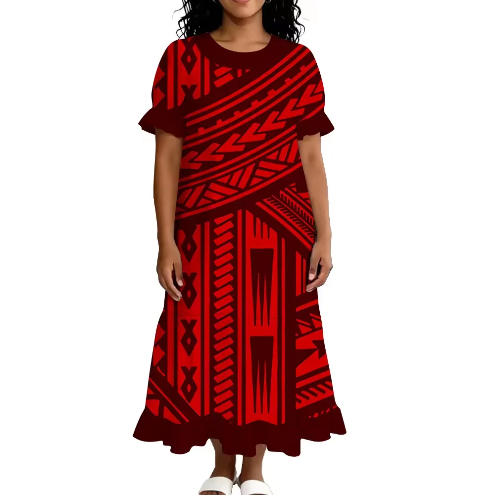 Novo Vestido Mumu Feminino Vermelho e Preto com Estampa Tribal Polinésia, Manga Curta com Babados, Vestido Longo Maxi Estilo Ilha, Casual, Solto, Plus