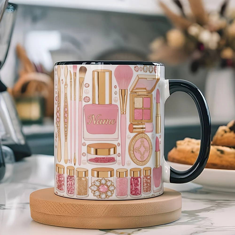 Shiny Pink Gold Makeup Pattern 11oz Ceramic Coffee Mug Cosmetic Lover Gift Fashion Drinkware