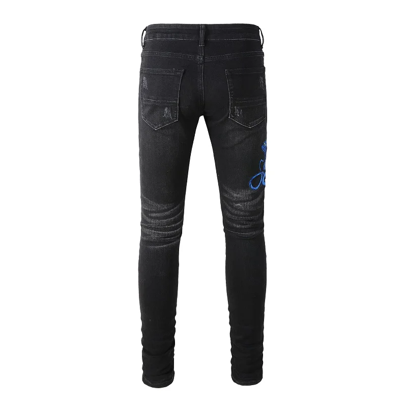 New Male Trendy Fashion blue Snake Embroidery Patchwork Knee With Hole Street Jeans Men's Slim fit casual Leggings Pants 1345