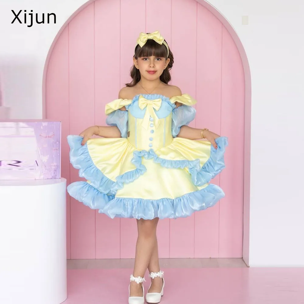 

Платья для девочек Xijun Princess сине-желтого цвета с бантом и пышными рукавами, праздничные платья для девочек на день рождения, бальные платья для девочек, индивидуальный пошив