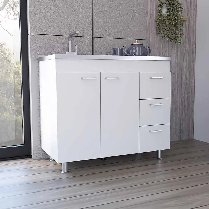 

White Base Cabinet, Three Drawers, Double Doors, Four Legs, Modern Design Storage Solution