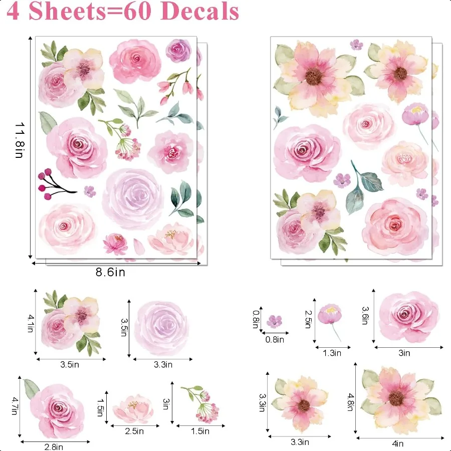 60 قطعة زهرة قشر وعصا صور مطبوعة للحوائط المائية الفينيل الفاوانيا الأزهار وأوراق ملصقات جدار زهرة الباستيل ديكور للفتيات B