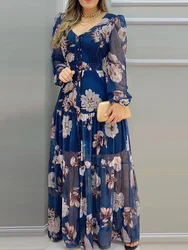 Floral Print Lantern Sleeve V-Neck Chiffon Dress Women Casual Maxi Dress