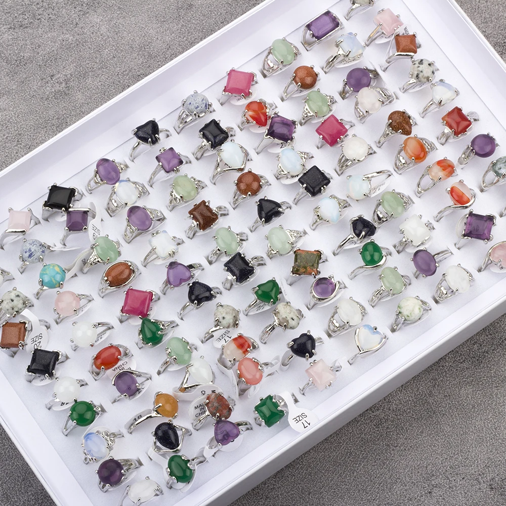 20 Pcs/Lot Rainbow Stone Ring for Women Men Mixed Charm Bohemia Natural Finger Rings Fashion Jewelry Gift Accessories Wholesale