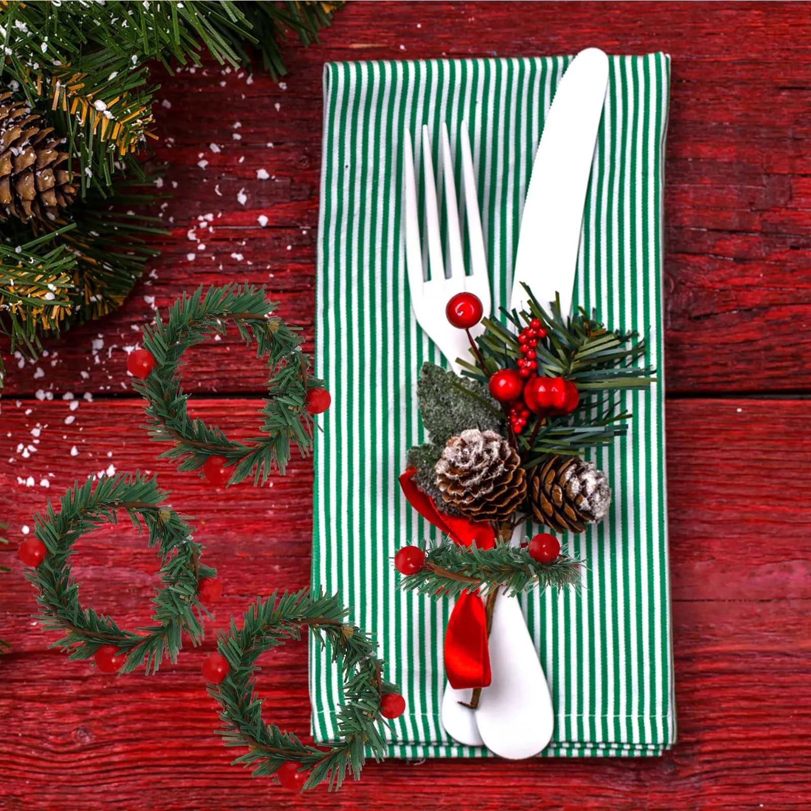 

10Pcs Xmas Napkin Holder Stable Pine Needle Design Suitable for Christmas Dinner Hotel and Restaurant Decoration