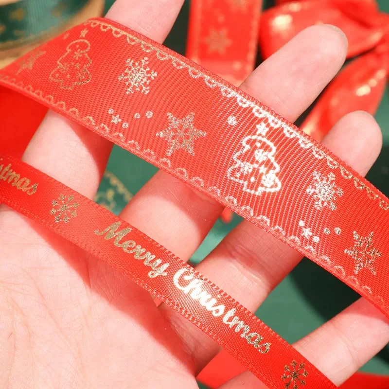 Christmas Ribbon Printed Red Green Polyester Ribbons Handmade Supplies for New Year Party DIY Gift Bag Box Packing Bouquet Decor