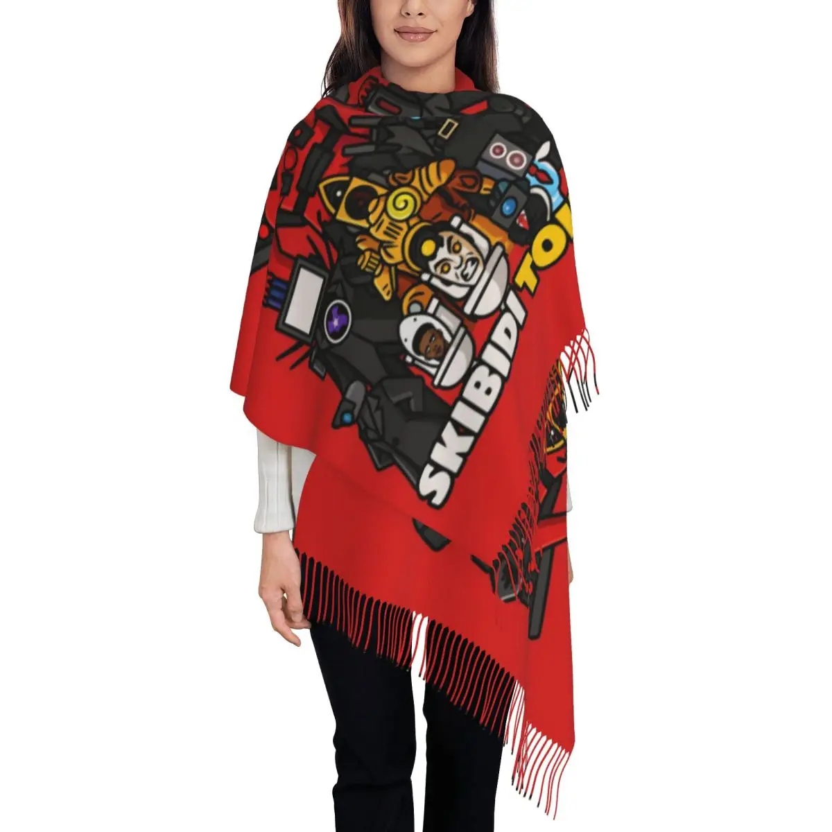 

Custom Titan Speakerman Skibidi Toilet Tassel Scarf Women Soft Shawl Wrap Lady Winter Fall Scarves