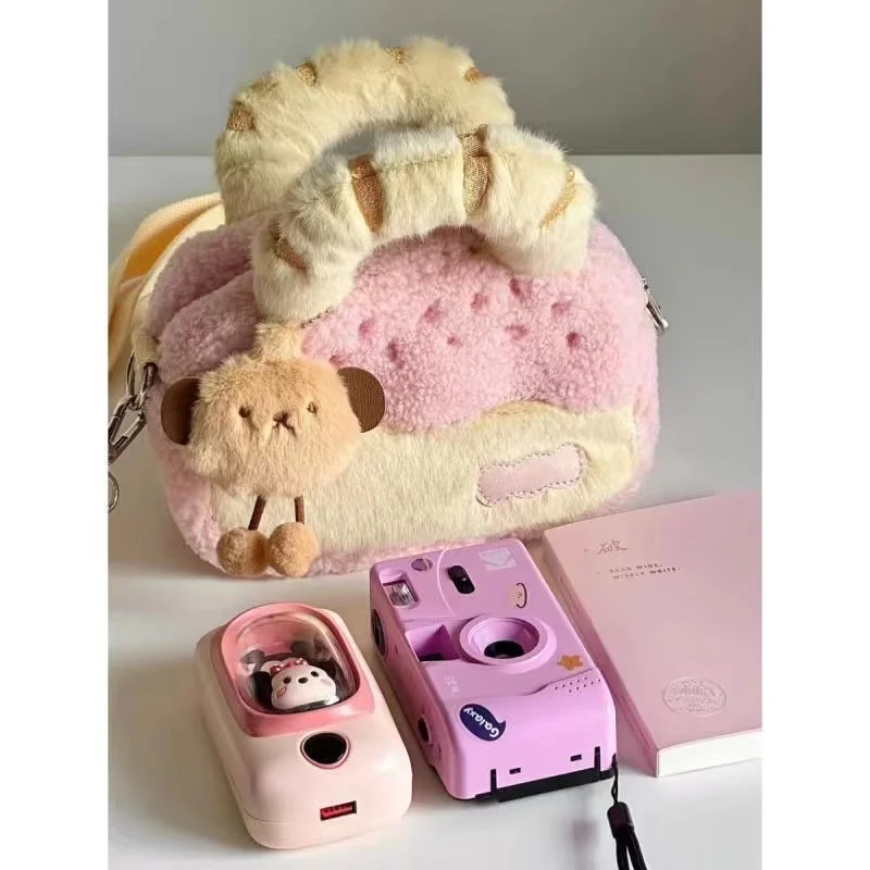 2024 Autumn Winter Cute Plush Handbag New Small Patchwork Color Earpod Cellphone Storage Bag Stylish Ladies Makeup Shoulder Bags