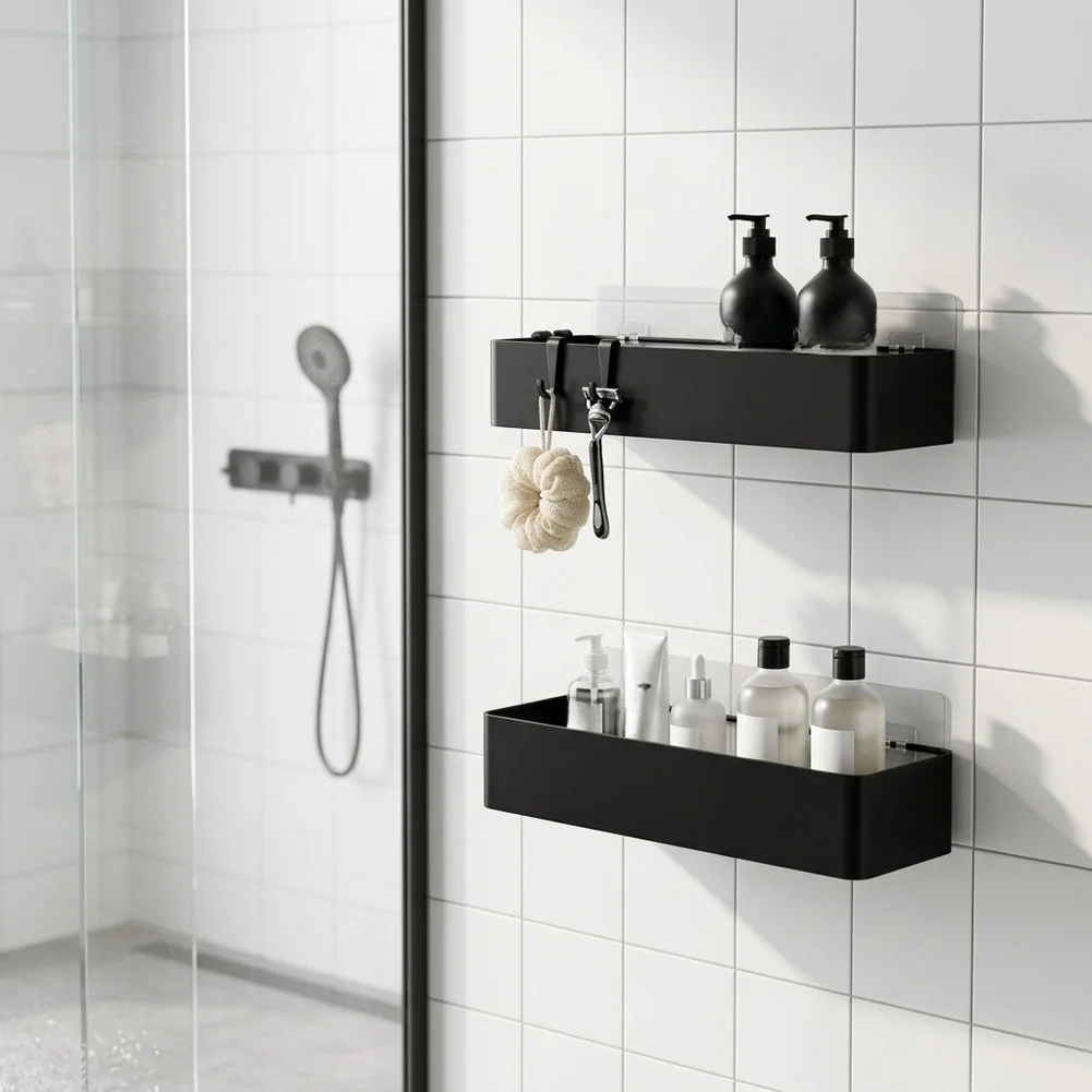 No Drill Shower Shelf Set Black Rustproof Iron Construction 30cm 32cm Two Piece Bathroom Storage with Raised Railing Design