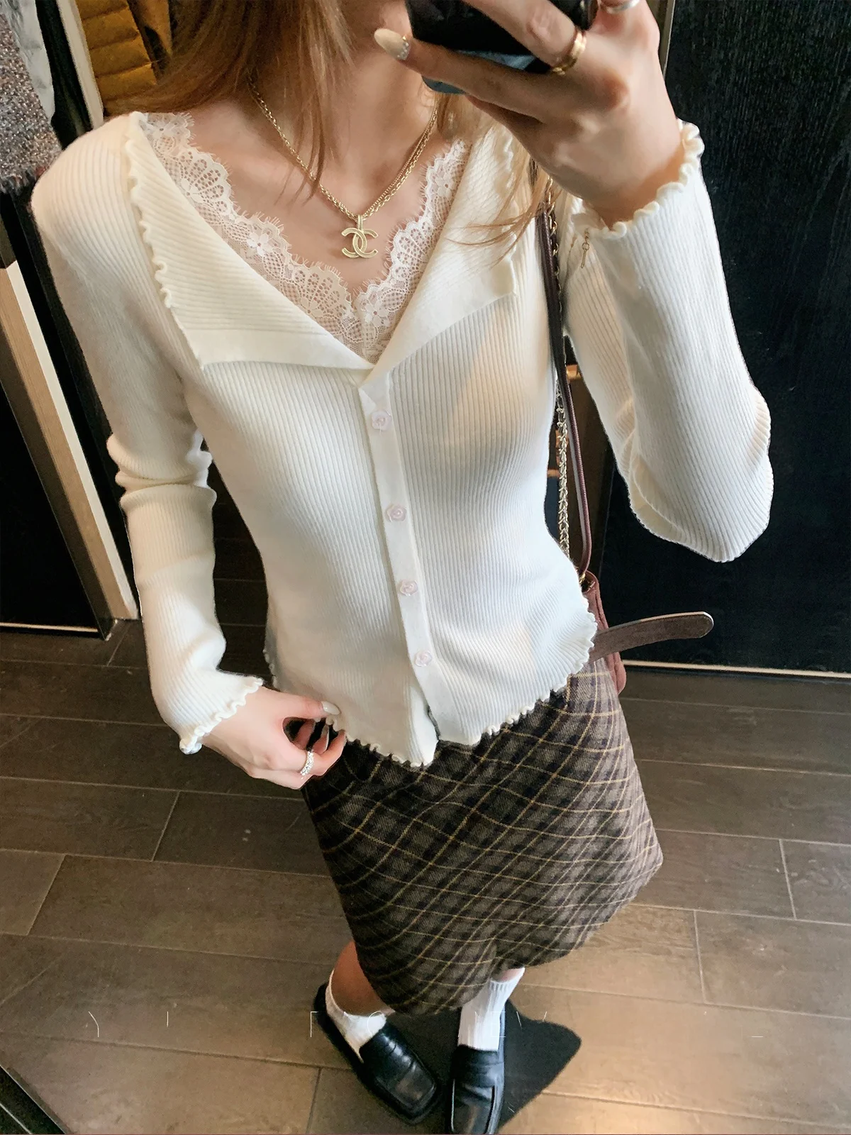 

Женский вязаный кардиган Yang Bubble с V-образным вырезом и кружевными вставками, облегающий, базовый, осенняя новинка 2026