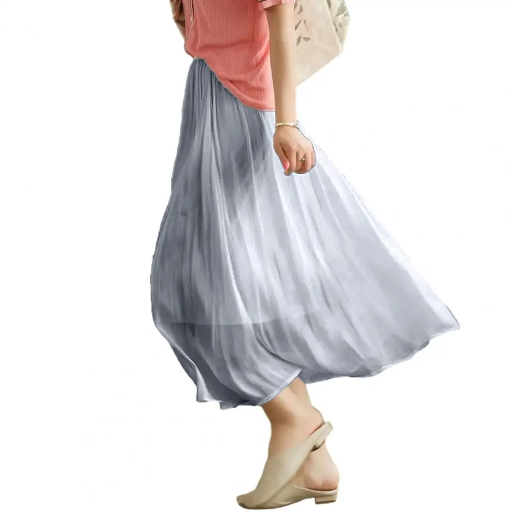 

Women Midi Skirt Pleated High Waist Loose Elastic Waist Double Layers Willowy Mid-calf Length Skirt Party