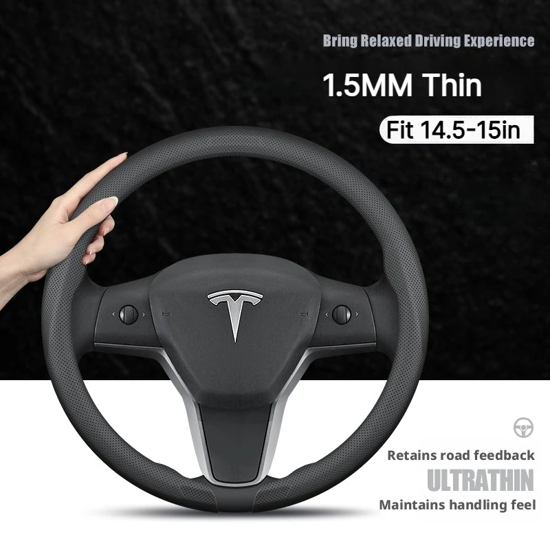 For Tesla Model Y Model 3 Car Interior Accessories 1.5MM Ultra Thin Nappa Leather Steering Wheel Cover Premium 37-38CM 15 Inch