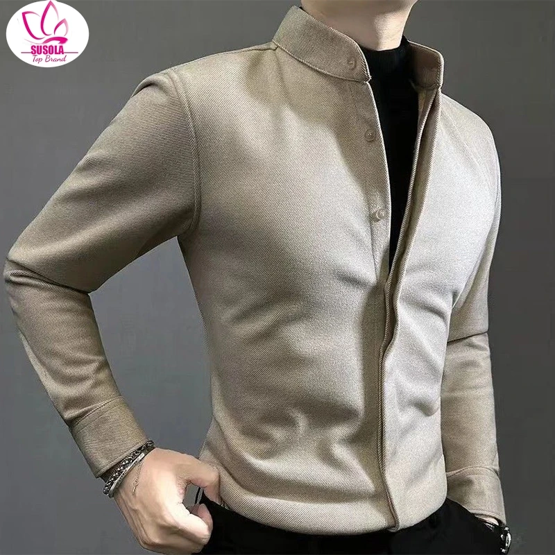 

SUSOLA Spring Autumn Male Stand Collar Thick Warm Bottoming Shirt Long Sleeve Casual Fashion Vintage Buttons Blouse Men Top