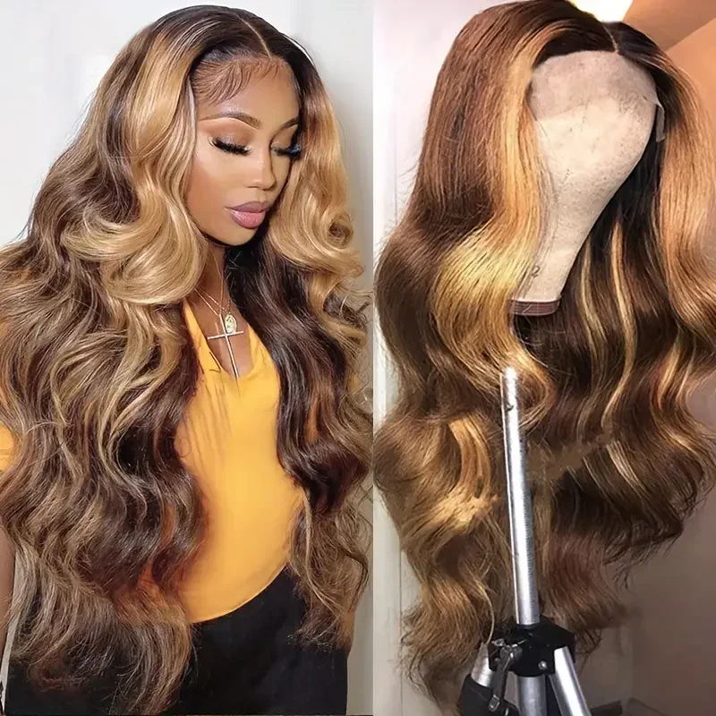 Body Wave Highlight 13x3 HD Lace Front Echthaarperücken 4/27 Ombre Honigblond gefärbte Lace Frontal Perücken für Damen