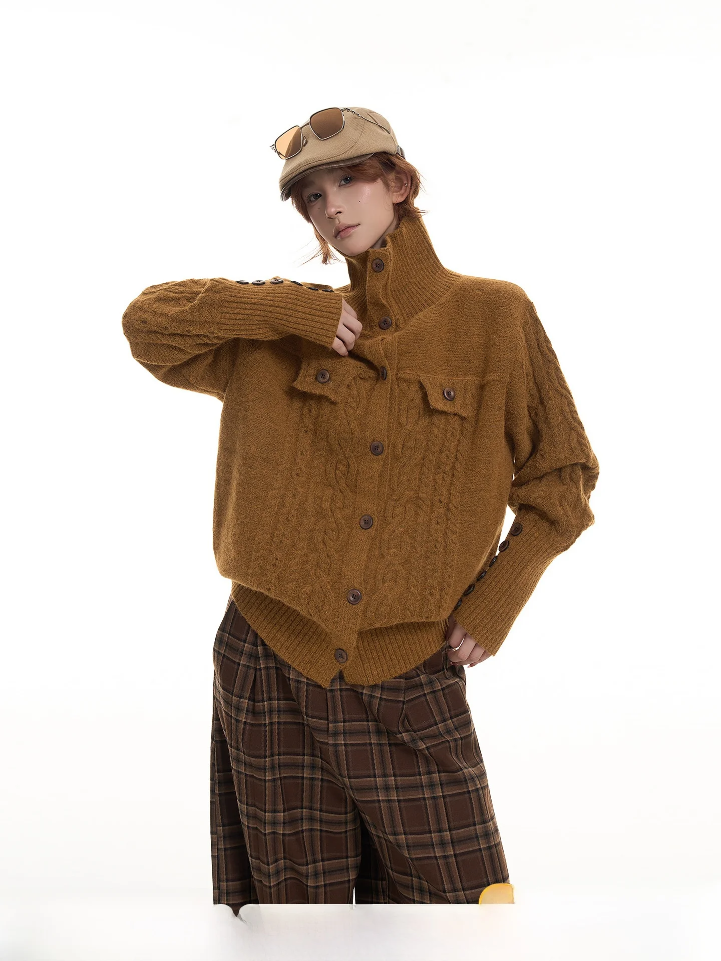 

Свободный длинный свек с высоким воротником, женский трикотаж, мягкий уютный свитер, пальто, осень-зима, корейский дизайн, кардиган на пуговицах Gao Ling