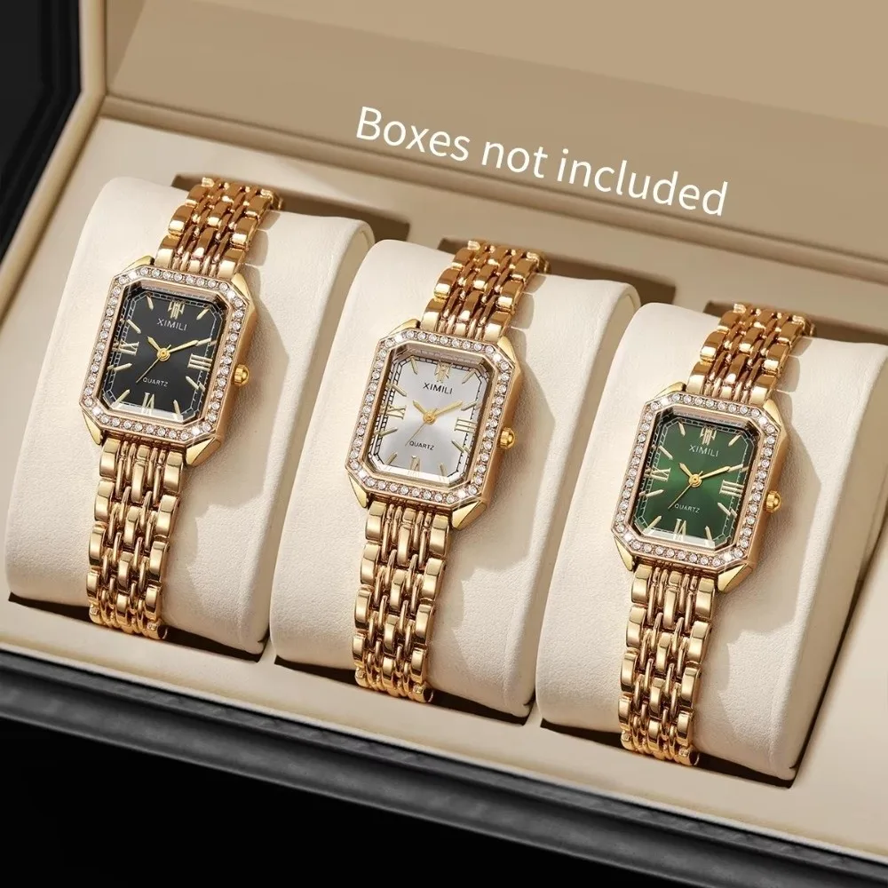 Hot Stainless Steel Quartz Watches Rhinestone Quartz Women Wristwatch Simple Square Strap Watch Women