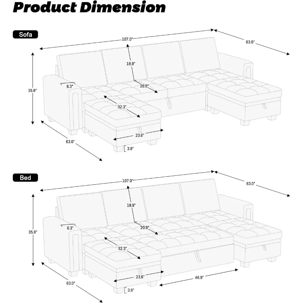 Modular Sectional Sleeper Sofa with Pull Out Bed Convertible U Shaped Sectional Sofa Couch Storage Chaises for Living Room Blue