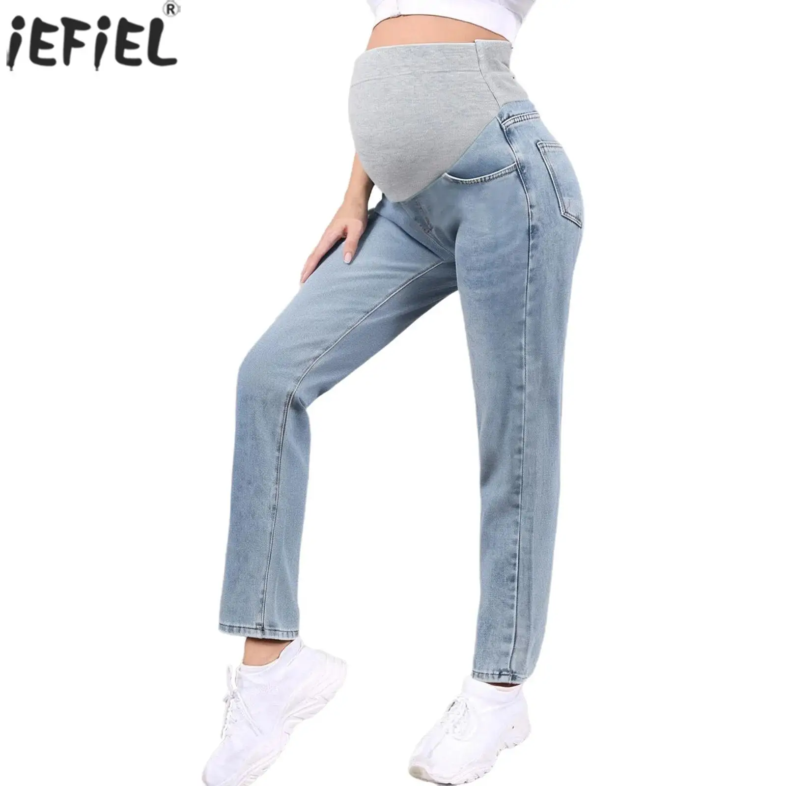 الأمومة الجينز النساء الحوامل الملابس عالية الخصر واسعة الساق الدنيم السراويل مع جيوب البطن دعم السراويل العمل لباس غير رسمي #1