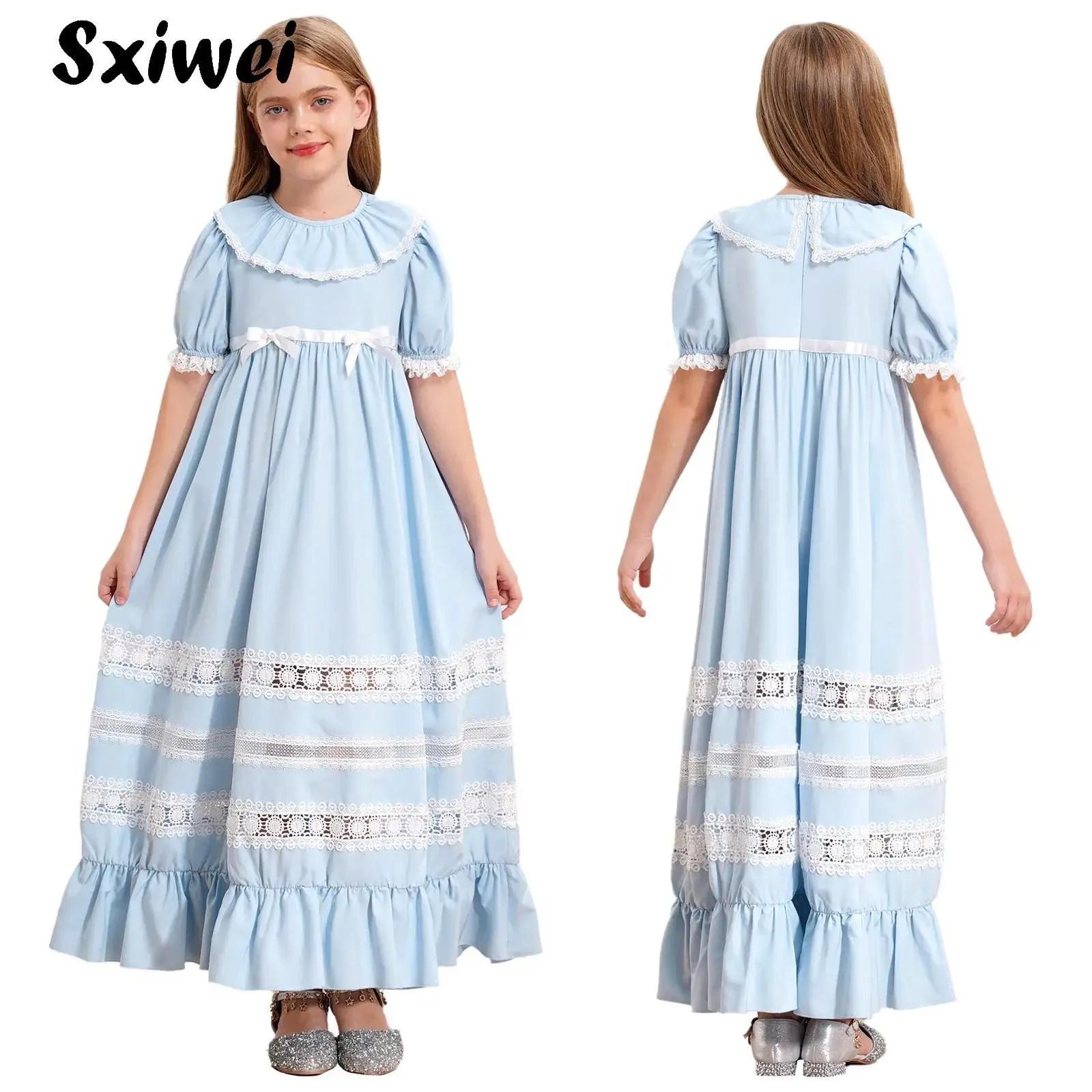 

Doll Collar Girls Vintage Long Dress Kids Sweet Puff Sleeve Lace Dress Embroidery Princess A-Line Swing Wedding Party Maxi Dress