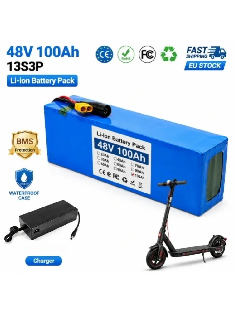 48V 100Ah Li-Ionen-Akku 13S3P 2000W Elektroroller-Akkupack mit Smart BMS 54,6V Ladegerät EU-Lagerbestand 3-7 Tage Lieferzeit