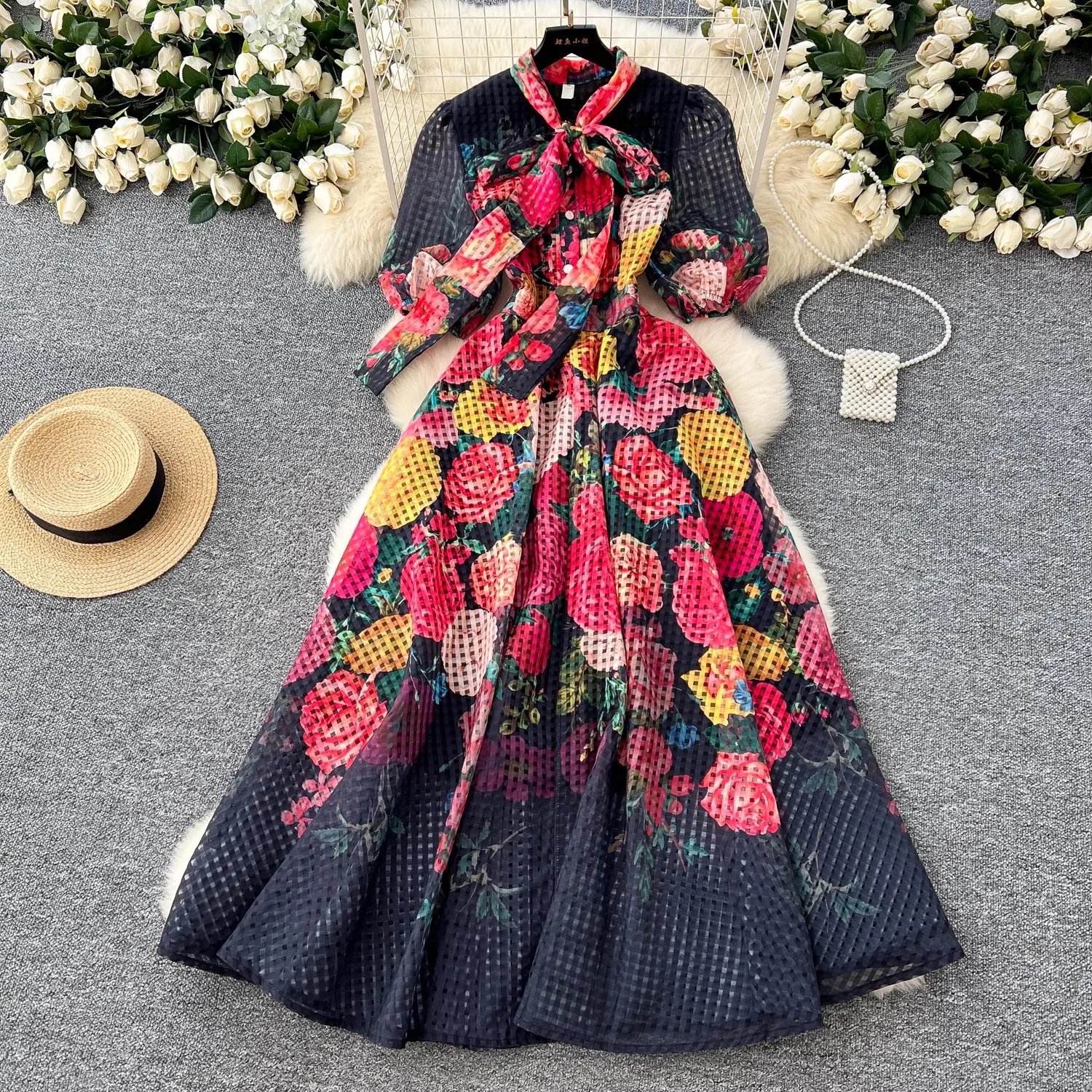 Summer Bohemian Gorgeous Flower Chiffon Maxi Dress Women's Bow Tie Short Puff Sleeve Floral Print Holiday Boho Long Robe Vestido