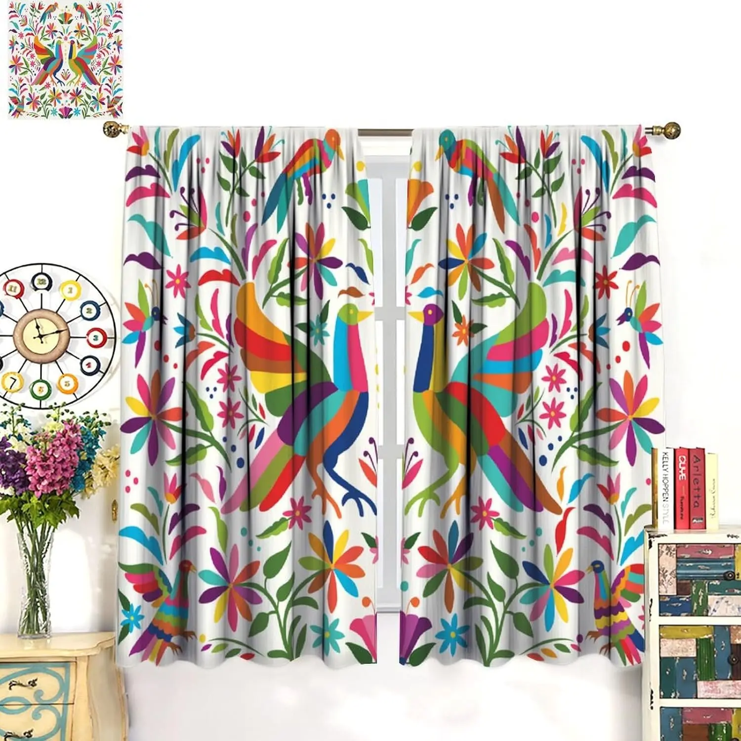 Mexican Decor Window Curtain，Colorful Mexican Traditional Floral Composition with Birds Style Print for Home Kitchen Restaurant