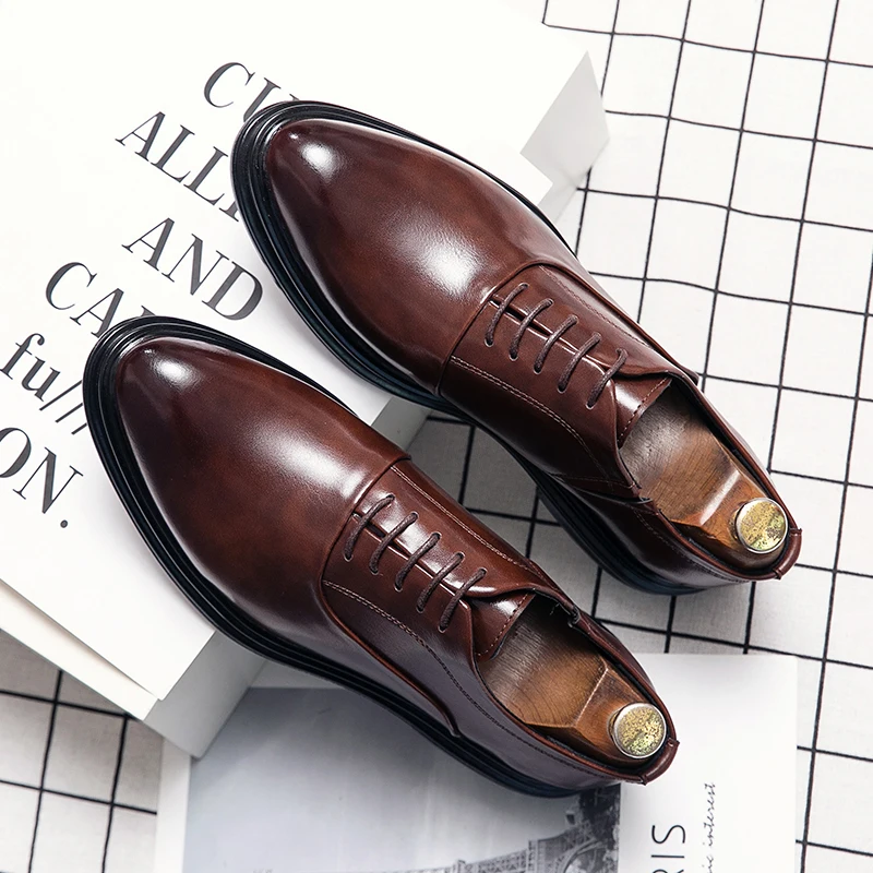 Business Formal Leather Shoes Men\'s Casual with Suit Low Top Solid Wedding Shoes Color Fashion Oxford Shoes Pointed Office Shoes