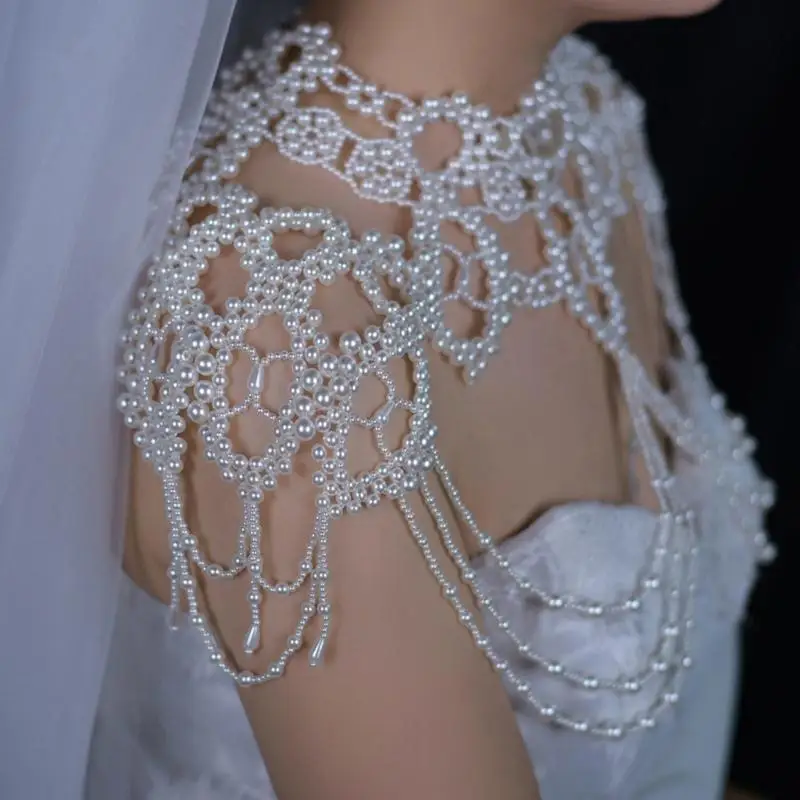 39BD Modische mehrschichtige Perlenkette, stilvoller Perlen-Schulter-Wickelschal, Brustschmuck für tägliche Outfit oder – Detail 9