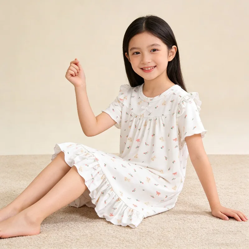 Bellbell Sommer-Kleid für Kinder, Mädchen, Pyjama-Kleid, Blumenmuster, für Kinder, Mädchen, Schleife, Homewear-Kleid, 1–14 Jahre, Kleinkind-Mädchen-Prinzessinnenkleid – Detail 5