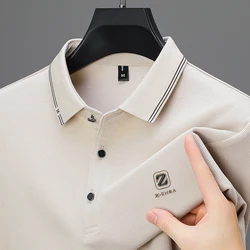 High end brand ice silk long sleeved polo shirt men's spring autumn new business casual fashion letter printed lapel T-shirt