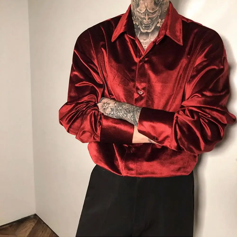 Plus Size Men Shirt Golden Velvet Color Glossy Long Sleeve Shirt Men's Clothing Single-breasted Lapel Shiny Men Shirt