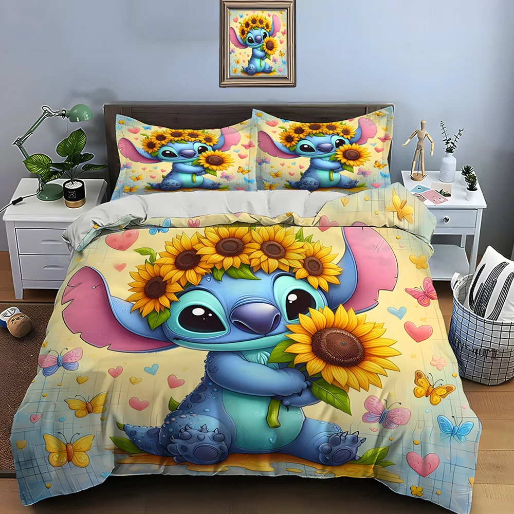 10 Sizes Disney Stitch Print Bedding Set 3 Pieces Setting Bed King Size Pillowcase Adult Bed Cover Bedroom Bed Set for Gifts