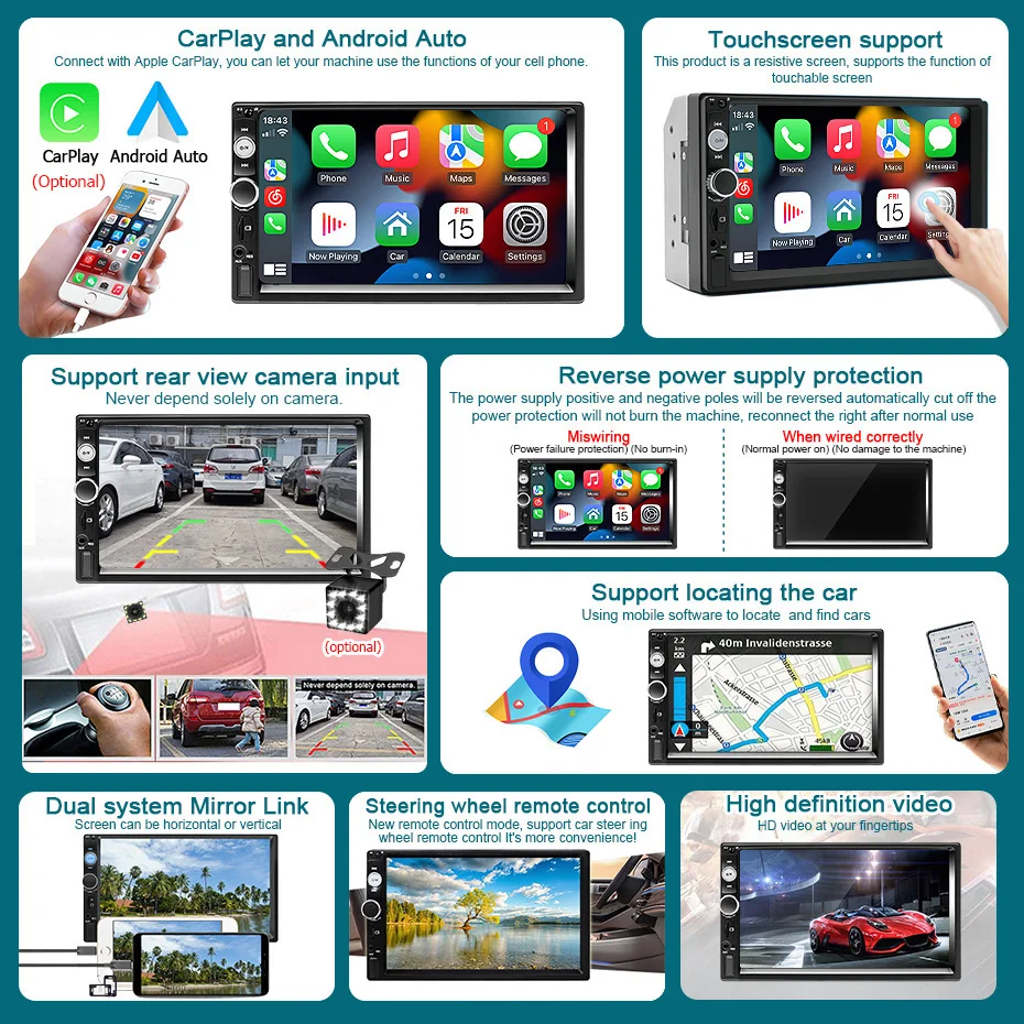 Radio de Coche 2 DIN, Pantalla Táctil HD de 7 Pulgadas, Reproductor Multimedia, Estéreo Universal para Coche, Reproductor MP5, Carplay, Android Auto, Cámara 7010 4