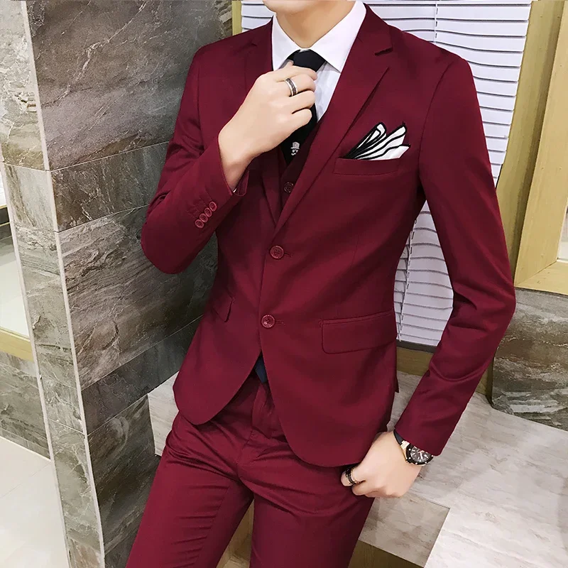 Suit (Blazer+vest+pants) Men\'s Fashion Business Korean Version of Solid Color Slim-fit Wedding Professional Gentleman Dress 6XL