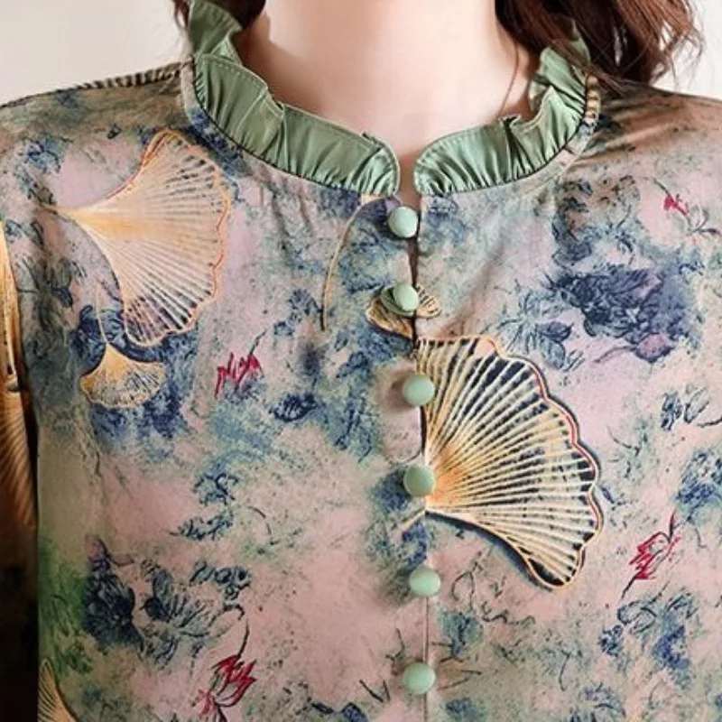 Lotus Collar Print for Spring and Autumn 2024 New Fashionable Women\'s Patchwork Buttons for Casual Long Sleeved Chiffon Shirt