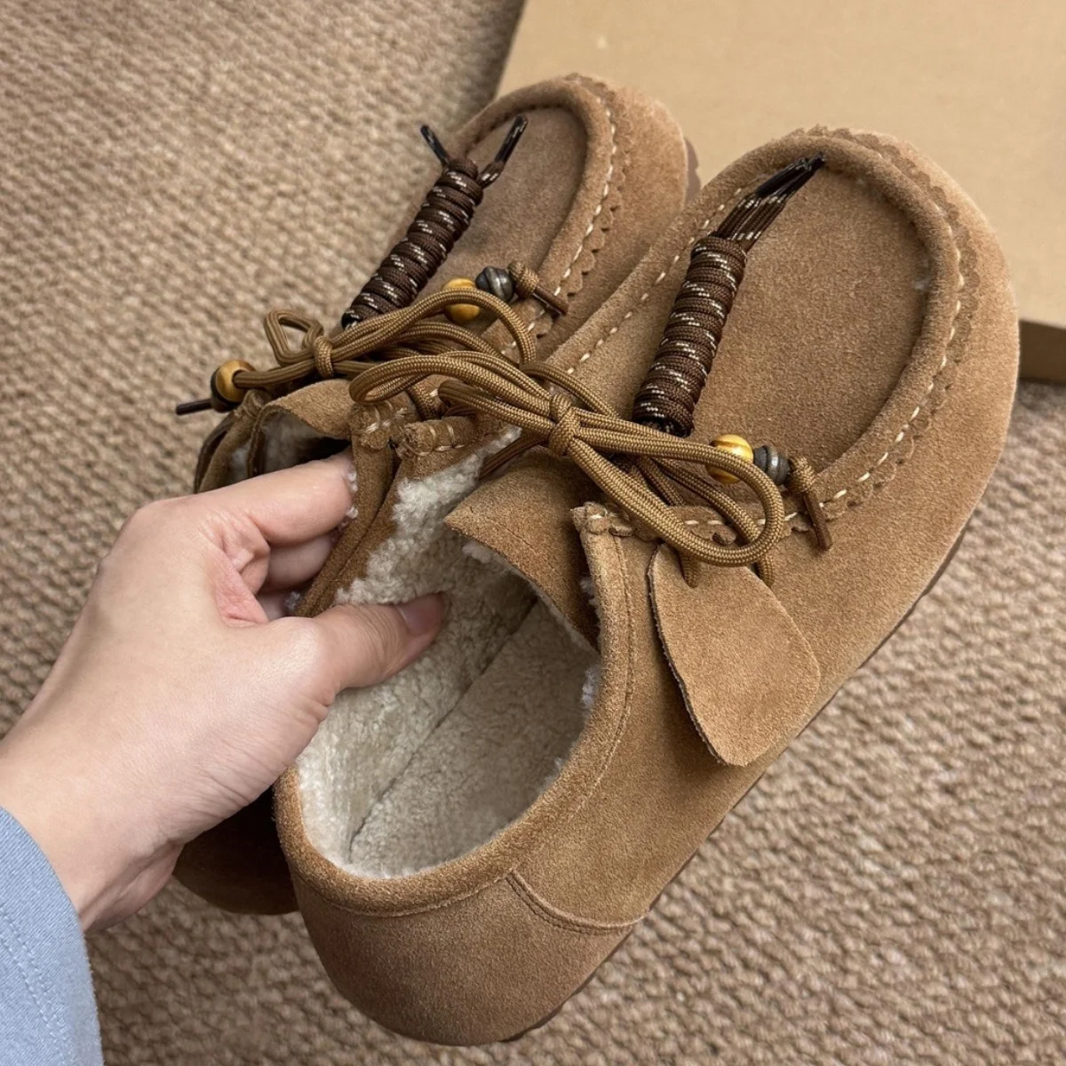 Women Suede Winter Thick sole Furry Dolly Shoes Fleece-lined Beaded Tassel Slip On Lace-up Warm Ladies Flats Daily