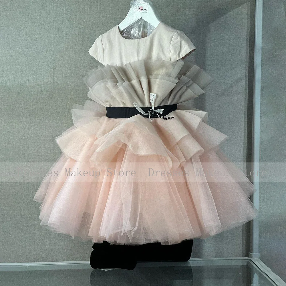 Girls Birthday Dresses O Neck Cap Sleeves Black Belt Short Party Dress for Girl Tiered A Line Tea Length Princess Party Gowns