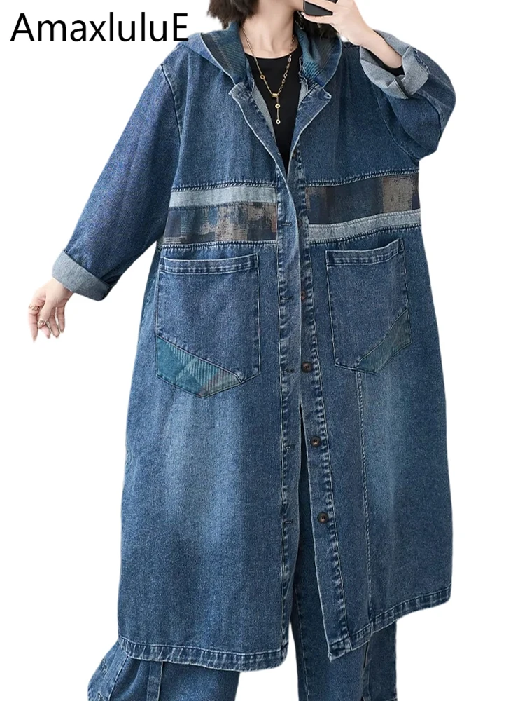 

Amax LuluE 2026 Spring Womens Casual Loose Denim Patchwork Windbreakers Classic Trench Females Fashion Hooded Vintage Long Coats