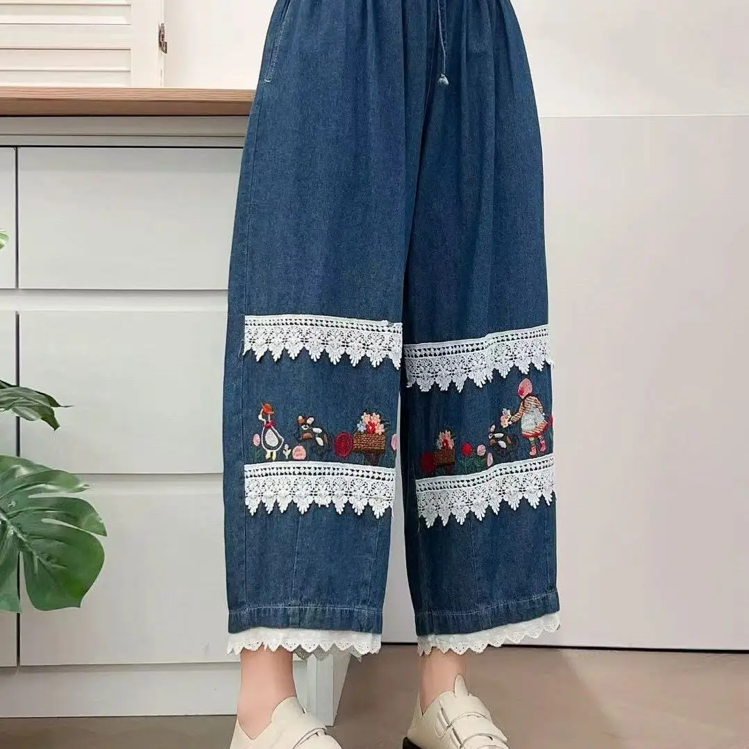 

Mori High-waisted Embroidery Retro Versatile Straight Tube Loose Age-reducing Lace New Splicing Jeans Elastic Nine-point Pants